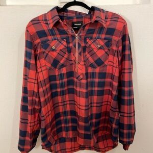 Marmot Woman’s 1/2 Zip Plaid Shirt, Red/Navy. Size XL